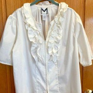 Marc Bouwer Ruffled Solid White Short Sleeve Blouse Cotton Blend Sz: XL